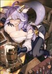  1girl animal_ears beer_mug black_gloves blush breasts cluseller cork cup drunk flask gloves highres large_breasts leaning_forward long_hair looking_at_viewer mug open_mouth original potion purple_hair round-bottom_flask sitting solo tail test_tube yellow_eyes 