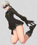  1boy 9s_(nier:automata) bishounen black_blindfold black_choker black_coat black_gloves blindfold choker closed_mouth coat from_below full_body gloves grey_background male_focus nier:automata nier_(series) payu_(pyms11) shoes shorts simple_background socks solo thighs 