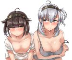  2girls ahoge arms_under_breasts black_hair blue_eyes blush breasts cleavage clothes_writing collarbone commentary_request green_eyes grey_shirt hatsuzuki_(kantai_collection) headband highres kantai_collection kiritto large_breasts leaning_forward looking_at_another medium_breasts multiple_girls off_shoulder one_side_up shirt short_hair silver_hair simple_background singlet suzutsuki_(kantai_collection) twintails upper_body white_background white_nightgown 