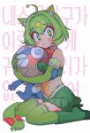  1boy 1girl ahoge animal_ears batrobin_k blush boots bow bowtie breasts cat_ears character_request dororo_(keroro_gunsou) green_eyes green_footwear green_hair green_skirt green_thighhighs high_heel_boots high_heels highres keroro keroro_gunsou large_breasts looking_at_viewer personification pleated_skirt red_bow red_bowtie short_hair skirt smile star-shaped_pupils star_(symbol) symbol-shaped_pupils thighhighs 
