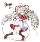  1girl ahoge animal_ears black_ribbon black_socks buck_teeth capelet dress drill_hair grey_hair hair_ornament hairclip headset highres instrument kneehighs knees_together_feet_apart long_hair mary_janes mouse_ears mouse_girl mouse_tail neck_ribbon ohw8g original red_capelet red_footwear reference_inset ribbon screw_hair_ornament shoes simple_background socks solo tail teeth trumpet twin_drills twitter_username two-sided_dress two-sided_fabric very_long_hair white_background white_dress 
