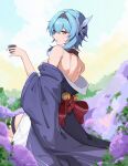  1girl absurdres alternate_costume bare_back bare_shoulders bell blue_hair blue_kimono blue_sky commentary_request cup day eula_(genshin_impact) flower genshin_impact grey_hairband hair_ornament hairband highres holding holding_cup japanese_clothes jingle_bell kazezeze kimono looking_at_viewer off_shoulder outdoors purple_eyes purple_flower sitting sky solo thigh_strap 