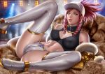  1girl akali alexanderdinh arm_support ass bare_shoulders baseball_cap boots bracelet breasts bustier cleavage_cutout covered_nipples drill_hair fur_coat gem hat high_ponytail idol jacket jewelry k/da_(league_of_legends) k/da_akali lavender_eyes league_of_legends legs_up lips long_hair looking_at_viewer lying micro_shorts midriff navel navel_piercing necklace on_back open_clothes open_jacket open_mouth piercing ponytail purple_hair shiny shiny_skin shorts side_drill smoke solo spread_legs stomach thigh_boots thighhighs thighs turtleneck white_headwear white_legwear white_shorts yellow_jacket 