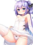  1girl azur_lane bare_shoulders black_ribbon blush bow bow_panties breasts clothes_lift detached_sleeves dombear dress hair_bun highres leg_up lifted_by_self long_hair looking_at_viewer one_side_up panties purple_eyes purple_hair ribbon single_hair_bun single_side_bun small_breasts solo standing thighhighs thighs underwear unicorn_(azur_lane) very_long_hair white_background white_dress white_panties white_sleeves white_thighhighs 