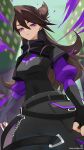  1girl asymmetrical_gloves belt black_belt black_gloves black_shirt blurry blurry_background breasts brown_hair chain commission earrings fingerless_gloves gloves grey_gloves grey_pants hair_between_eyes highres indie_virtual_youtuber jaiden_animations jewelry k_(art71) long_hair mismatched_gloves pants puffy_sleeves purple_eyes shirt skeb_commission solo thank_you twitter_username two-tone_gloves virtual_youtuber zipper zipper_pull_tab 