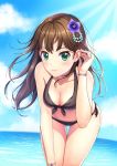  1girl beach bent_over blue_sky breasts brown_hair cleavage cloud collarbone cowboy_shot day flower green_eyes hair_flower hair_ornament horizon idolmaster idolmaster_cinderella_girls leaning_forward lips long_hair looking_at_viewer medium_breasts ocean outdoors shibuya_rin sky smile solo thigh_gap xi_wan_de_xigua_p 