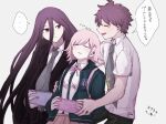  1girl 2boys ahoge black_jacket blush brown_hair danganronpa_(series) danganronpa_2:_goodbye_despair dress_shirt eve_(jarful27) green_necktie grey_background hair_between_eyes handheld_game_console highres hinata_hajime holding holding_handheld_game_console jacket kamukura_izuru looking_at_another medium_hair multiple_boys nanami_chiaki neck_ribbon necktie open_clothes open_jacket pink_ribbon ribbon shirt short_hair short_sleeves simple_background spaceship_hair_ornament speech_bubble white_shirt 