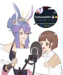  2girls :o absurdres animal_ears artist_self-insert blue_eyes blue_hair bob_cut breasts brown_eyes brown_hair brown_sweater commentary cottontail_(vtuber) english_commentary fur_trim gradient_hair hair_bun heterochromia highres holding holding_paper indie_virtual_youtuber medium_breasts microphone multicolored_hair multiple_girls off_shoulder open_mouth original paper pop_filter purple_eyes purple_hair rabbit_ears short-sleeved_sweater short_hair short_sleeves sidelocks single_hair_bun smile sweater tama_gotoh tiara twitter yoruny 