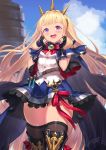  1girl belt black_footwear black_legwear blonde_hair boots breasts cagliostro_(granblue_fantasy) capelet cleavage commentary crown gloves granblue_fantasy grin highres open_mouth purple_eyes skindentation skirt sky smile thick_thighs thighhighs thighs vial yapo_(croquis_side) 