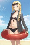  1girl absurdres beach bikini black_bikini black_jacket blonde_hair blue_sky blush braid breasts cleavage cloud cloudy_sky commission cowboy_shot eyewear_on_head girls&#039;_frontline grey_eyes hair_ornament head_tilt highres holding holding_swim_ring jacket long_hair looking_at_viewer mentha official_alternate_costume open_clothes open_jacket outdoors sand serdyukov_(crow_lifeguard)_(girls&#039;_frontline) serdyukov_(girls&#039;_frontline) sky small_breasts solo star_(symbol) star_hair_ornament straight-on sunglasses swim_ring swimsuit water whistle 