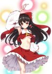  1girl ambasa ascot black_hair blush bow breasts danmaku detached_sleeves frilled_bow frilled_hair_tubes frills gohei hair_bow hair_tubes hakurei_reimu highres long_hair midriff navel ofuda open_mouth red_bow red_eyes red_skirt ribbon-trimmed_sleeves ribbon_trim skirt skirt_set solo touhou underboob yellow_ascot 