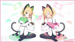  2girls absurdres animal_ear_headphones animal_ears black_thighhighs blonde_hair blue_archive blush border bow cat_ear_headphones cat_tail closed_mouth exusiai_dust fake_animal_ears flying_sweatdrops full_body green_bow green_eyes green_halo hair_bow halo handheld_game_console headphones highres holding holding_handheld_game_console jacket long_sleeves looking_at_viewer midori_(blue_archive) momoi_(blue_archive) multiple_girls open_mouth pink_border pink_halo playing_games shirt short_hair sitting smile soles sweatdrop tail thighhighs toes wariza white_jacket white_shirt 