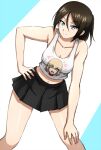  1girl alternate_hairstyle black_skirt blue_eyes breasts brown_hair character_print cleavage girls_und_panzer hair_up hand_on_own_hip hand_on_own_knee heart highres katyusha_(girls_und_panzer) leaning_forward leaning_to_the_side long_hair looking_at_viewer medium_breasts midriff miniskirt navel nonna_(girls_und_panzer) omachi_(slabco) pleated_skirt ponytail print_tank_top skirt solo standing swept_bangs tank_top white_background white_tank_top 