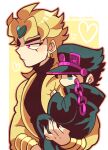  2boys aged_down black_coat black_hair black_headwear black_shirt blonde_hair border carrying carrying_person chain coat dio_brando heart jacket jojo_no_kimyou_na_bouken kotorai kujo_jotaro long_hair male_focus multiple_boys pink_eyes shirt short_hair size_difference twitter_username v-shaped_eyebrows white_border yellow_jacket 