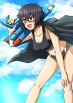  1girl bikini black_bikini black_eyes black_hair blue_sky breasts cloud cloudy_sky commentary day girls_und_panzer glasses hand_on_own_knee haori highres holding holding_water_gun japanese_clothes leaning_forward looking_to_the_side medium_breasts medium_hair messy_hair omachi_(slabco) open_mouth oryou_(girls_und_panzer) outdoors over_shoulder red-framed_eyewear semi-rimless_eyewear short_ponytail sky smile solo standing super_soaker swimsuit under-rim_eyewear water_gun weapon weapon_over_shoulder 