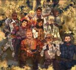  4girls 6+boys armor bald beard black_hair blackwall blonde_hair buzz_cut cassandra_pentaghast chest_hair cleavage_cutout clothing_cutout cole_(dragon_age) colored_skin dappled_sunlight dark-skinned_female dark-skinned_male dark_skin day dorian_pavus double_v dragon_age dragon_age:_inquisition dwarf earrings elf eyepatch facial_hair facial_tattoo full_beard full_body grey_skin hair_slicked_back handlebar_mustache hejee highres inquisitor_(dragon_age) jewelry looking_at_another looking_at_viewer mature_female mature_male medium_hair multiple_boys multiple_girls muscular muscular_male orange_hair outdoors pectoral_cleavage pectorals pointy_ears qunari scar scar_on_face sera_(dragon_age) short_hair sitting smile solas sunlight tattoo the_iron_bull v varric_tethras very_short_hair vivienne_de_fer 