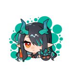  1girl absurdres arknights black_hair chibi chinese_commentary closed_mouth commentary_request cropped_shoulders dragon_bubble_(arknights) dragon_girl dragon_horns dusk_(arknights) earrings expressionless green_hair green_horns hair_over_one_eye highres horns jewelry long_hair looking_at_viewer multicolored_hair one_eye_covered orange_eyes pointy_ears portrait solo streaked_hair white_background xinjinjumin_(zhu_jin_fanselit) 