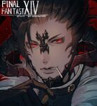  1boy artist_name au_ra black_gloves black_hair black_scales bullet copyright_name dragon_horns english_text fang final_fantasy final_fantasy_xiv gloves guan_tang_baozi hair_slicked_back highres holding holding_bullet horns loose_hair_strand male_focus portrait red_eyes smirk solo warrior_of_light_(ff14) 