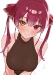 1girl absurdres blush bodystocking breasts brown_eyes closed_mouth collarbone flying_sweatdrops helga_(_hlg67) heterochromia highres hololive houshou_marine large_breasts long_hair looking_at_viewer red_eyes red_hair simple_background solo twintails virtual_youtuber white_background 