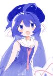  1girl ahoge arms_behind_back blue_eyes blue_hair blue_headwear blush dress hair_between_eyes hat highres large_hat long_hair looking_at_viewer open_mouth otomachi_una otomachi_una_(sugar) sailor_collar sailor_dress simple_background sketch solo tenpibo_ramune very_long_hair vocaloid white_background white_sailor_collar 