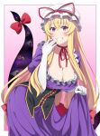  1girl absurdres black_corset blonde_hair border breasts choker cleavage collarbone corset dress elbow_gloves frilled_dress frills gap_(touhou) gloves grin hat highres kyoukyan large_breasts long_hair mob_cap puffy_sleeves purple_dress purple_eyes red_ribbon ribbon ribbon_choker sidelocks skirt_hold smile solo touhou very_long_hair white_background white_border white_gloves white_headwear yakumo_yukari 