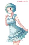  1girl aqua_dress aqua_hair artist_name black_eyes blush collarbone commentary_request dress frilled_dress frills hand_up highres parted_lips persona persona_3 sebu_illust short_hair simple_background sleeveless sleeveless_dress solo standing watermark white_background yamagishi_fuuka 