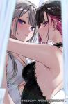  2girls black_choker blue_eyes blush breasts brown_hair chigusa_minori choker cleavage closed_mouth colored_inner_hair commentary_request grey_hair lace-trimmed_choker lace_trim large_breasts long_hair looking_at_viewer medium_breasts multicolored_hair multiple_girls parted_lips purple_eyes purple_hair saotome_shino_(shino_to_ren) shino_to_ren shirayuki_ren short_hair translation_request two-tone_hair upper_body yuri 