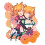  2girls animal_ears belt braid brown_belt cat_ears cat_girl cat_tail choker facial_mark fire_emblem fire_emblem:_path_of_radiance fire_emblem:_radiant_dawn green_choker green_shorts highres hug kurimori lethe_(fire_emblem) lyre_(fire_emblem) multiple_girls orange_hair orange_tail purple_eyes shorts siblings side_slit side_slit_shorts sisters tail whisker_markings wrist_wrap 