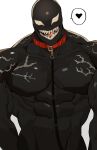  1boy abs alien animal_collar bald bara black_skin collar colored_skin feet_out_of_frame gomihebi heart highres large_pectorals leash looking_at_viewer male_focus marvel muscular muscular_male no_pupils pectorals saliva sharp_teeth simple_background solo teeth tongue tongue_out upper_body veins venom_(marvel) white_background 