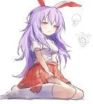  1girl :&lt; animal_ears ar_(maeus) between_legs blush commentary from_side full_body hair_between_eyes hand_between_legs kneehighs long_hair looking_at_viewer messy_hair no_shoes open_mouth orange_skirt pleated_skirt purple_hair rabbit_ears rabbit_girl red_eyes reisen_udongein_inaba shirt short_sleeves simple_background sketch skirt sleepy socks solo touhou white_background white_shirt white_socks 