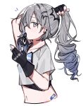  1girl black_gloves drill_hair drill_ponytail emne fingerless_gloves gloves grey_eyes grey_hair hair_tie hair_tie_in_mouth honkai:_star_rail honkai_(series) long_hair looking_at_viewer mouth_hold shirt short_sleeves silver_wolf_(honkai:_star_rail) simple_background solo upper_body white_background white_shirt 