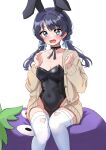  1girl absurdres animal_ears bean_bag_chair black_choker black_leotard blue_eyes blue_hair blush breasts brown_cardigan cardigan choker cleavage clothing_cutout collarbone covered_navel ear_blush eggplant ereka fake_animal_ears furrowed_brow heart_cutout highres leotard link!_like!_love_live! long_sleeves looking_at_viewer love_live! medium_breasts mole mole_on_neck murano_sayaka open_cardigan open_clothes open_mouth playboy_bunny rabbit_ears ribbon_choker solo strapless strapless_leotard swept_bangs thighhighs twintails upper_body wavy_mouth white_background white_thighhighs 