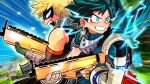  2boys assault_rifle back-to-back bakugou_katsuki bare_shoulders blank_eyes blonde_hair blue_sky boku_no_hero_academia crackling_energy crossover domino_mask elbow_gloves emphasis_lines fortnite freckles gloves grass green_eyes green_hair gun highres holding holding_gun holding_weapon male_focus mask mask_around_neck midoriya_izuku mouth_mask multiple_boys open_mouth rifle scarf sky sleeveless smile sonchapo spiked_hair superhero_costume teeth weapon 