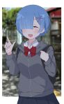  1girl :d ^_^ alternate_costume artist_name backpack bag blue_hair border closed_eyes contemporary cowboy_shot grey_hoodie hair_ornament hair_over_one_eye hand_up highres hood hood_down hoodie long_sleeves outside_border photo_background pointing pointing_up re:zero_kara_hajimeru_isekai_seikatsu rem_(re:zero) shirt short_hair smile solo standing tamago_(uhdr2338) twitter_username white_border white_shirt x_hair_ornament 