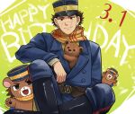  1boy animal animal_ears animal_in_clothes bear bear_boy bear_ears birthday brown_fur crossed_ankles fangs fangs_out feet_out_of_frame furrification furry furry_male golden_kamuy happy_birthday hat kepi looking_at_viewer male_focus military_hat nonoki33 scar scar_on_cheek scar_on_face scar_on_nose short_hair smile sugimoto_saichi 