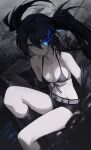  1girl absurdres bare_shoulders belt bikini bikini_top_only black_bikini black_footwear black_hair black_jacket black_rock_shooter black_rock_shooter_(character) black_shorts blue_eyes blurry blurry_foreground boots breasts chain closed_mouth cross double-parted_bangs feet_out_of_frame flaming_eye floating_hair front-tie_bikini_top front-tie_top gnns hair_between_eyes hair_ornament halo highres jacket long_hair looking_at_viewer medium_breasts midriff off_shoulder open_clothes open_jacket pale_skin scar short_shorts shorts sitting solo swimsuit tombstone twintails white_belt 