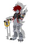 anthro blue_eyes claws clothing cute_expression cute_eyes deishun ears_back fur gloves grey_body grey_fur hair handwear jewelry keyblade kingdom_hearts male melee_weapon monster monster_sora_(character) necklace pivoted_ears red_hair solo sora_(kingdom_hearts) square_enix standing tail weapon zarjhan_mary