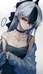  ... 1girl black_dress black_hair black_nails blue_archive blush cardigan choker collarbone crossed_bangs dress ear_piercing grey_background grey_hair hair_between_eyes highres horns kayoko_(blue_archive) kayoko_(dress)_(blue_archive) long_hair long_sleeves looking_at_viewer mole mole_on_neck multicolored_hair nail_polish off_shoulder open_cardigan open_clothes parted_lips piercing red_eyes red_hair simple_background solo spoken_ellipsis studded_choker upper_body walzrj 