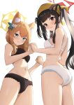  2girls absurdres animal_ear_fluff animal_ears aoto_mei ass bare_arms bare_shoulders black_bra black_hair black_horns black_panties blue_archive blush bow bow_panties bra breasts cowboy_shot demon_horns embarrassed flower from_below from_side fuuka_(blue_archive) hair_flower hair_on_horn hair_ornament halo head_scarf highres holding_hands horns interlocked_fingers long_hair looking_at_viewer looking_down mari_(blue_archive) medium_breasts multiple_girls navel orange_hair panties parted_lips raised_eyebrows red_eyes red_halo simple_background smile stomach thighs underwear underwear_only wavy_mouth white_background white_bra white_flower white_panties yellow_halo yellow_headwear 