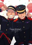  2boys ^_^ birthday buzz_cut celebration closed_eyes couple dated golden_kamuy grin happy happy_birthday hat kepi long_sideburns male_focus military_hat multiple_boys onnomono scar scar_on_cheek scar_on_face scar_on_nose shiraishi_yoshitake short_hair sideburns smile sugimoto_saichi upper_body very_short_hair yaoi 