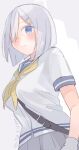  1girl between_breasts blue_eyes breasts gloves grey_hair grey_sailor_collar grey_skirt hair_ornament hair_over_one_eye hairclip hamakaze_(kancolle) kantai_collection neckerchief sailor_collar school_uniform serafuku shirt short_hair short_sleeves skirt solo strap_between_breasts suppaman_(rfjy) white_gloves white_shirt yellow_neckerchief 