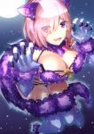  1girl animal_ears bare_shoulders blush breasts claw_pose claws dangerous_beast elbow_gloves fate/grand_order fate_(series) full_moon fur-trimmed_gloves fur-trimmed_legwear fur_collar fur_trim gloves hair_over_one_eye halloween_costume kibou lace lace-trimmed_legwear large_breasts lavender_hair leaning_forward looking_at_viewer mash_kyrielight moon night night_sky o-ring o-ring_top open_mouth purple_eyes purple_gloves purple_legwear revealing_clothes short_hair sky smile solo tail thighs wolf_ears wolf_girl wolf_tail 