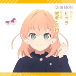  1girl coat cropped_shoulders dated eyebrows_hidden_by_hair flower green_eyes hair_ornament hashtag highres hinoshita_kaho letterboxed link!_like!_love_live! long_sleeves looking_at_viewer love_live! makki_do medium_hair orange_hair portrait rabbit_hair_ornament side_ahoge smile solo white_background winter_clothes winter_coat 