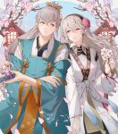  1boy 1girl ai_tkkm aristocratic_clothes black_hairband corrin_(female)_(fire_emblem) corrin_(fire_emblem) fire_emblem fire_emblem_fates grey_hair hairband highres japanese_clothes long_hair pointy_ears ponytail red_eyes takumi_(fire_emblem) white_hair yellow_eyes 