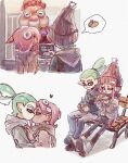  1boy 2girls ^_^ agent_3_(splatoon) agent_8_(splatoon) aqua_hair bright_pupils brown_scarf chinese_commentary closed_eyes closed_mouth cup disposable_cup film_grain food grey_jacket hair_behind_ear heart hetero highres holding holding_cup holding_food inkling inkling_boy inkling_player_character jacket kiss marigold_(splatoon) medium_hair multiple_girls octoling octoling_girl octoling_player_character pointy_ears ponytail purple_eyes red_hair scarf short_hair sitting smile speech_bubble splatoon_(series) spoken_object tentacle_hair thenintlichen96 white_pupils wooden_bench 