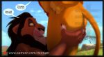 anthro black_mane body_hair claws_out dialogue disney duo felid green_eyes happy_trail hi_res holding_butt king licking licking_lips lion looking_up_at_partner male male/male mammal mane mufasa pantherine royalty scar scar_(the_lion_king) speech_bubble tail the_lion_king tongue tongue_out zenthetiger