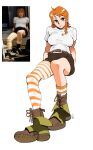  1girl absurdres alternate_costume asymmetrical_legwear belt boots breasts brown_eyes convenient_leg expressionless foreshortening full_body green_footwear head_tilt highres iago_fn large_breasts leaning_back lips looking_at_viewer nami_(one_piece) nose one_piece one_piece_(live_action) orange_hair orange_socks orange_thighhighs reference_inset shirt short_hair short_shorts short_sleeves shorts simple_background sitting socks solo striped_clothes striped_socks striped_thighhighs t-shirt thighhighs white_background white_shirt white_socks white_thighhighs 