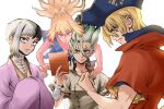  1girl 3boys asagiri_gen black_hair blonde_hair blue_eyes clenched_hand dr._stone facial_mark green_hair ishigami_senkuu jojo_no_kimyou_na_bouken kohaku_(dr._stone) looking_at_viewer multicolored_hair multiple_boys nanami_ryuusui ninomae_gin parody ponytail signature stardust_crusaders sweatdrop white_hair 