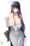  1girl absurdres black_hair blue_archive blue_eyes blue_halo blush breasts closed_mouth dress halo highres k_0art large_breasts looking_at_viewer saori_(blue_archive) saori_(dress)_(blue_archive) smile solo strapless strapless_dress white_dress 
