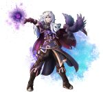 1boy animal bird blue_eyes book boots brown_gloves cape commission crow dungeons_and_dragons floating_hair full_body gloves highres holding holding_mask mask original peter_eastwood sidelocks solo white_hair 